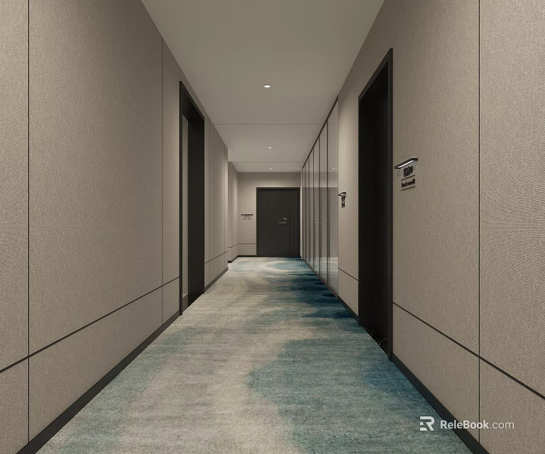 Minimalist Hotel Corridor Interior With Neutral Walls And Blue Patterned Carpet 3d model 