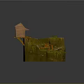 Cartoon Scene with Wooden Hut Blue Roof Wooden Bridge Small Table Chairs and Green Foliage
