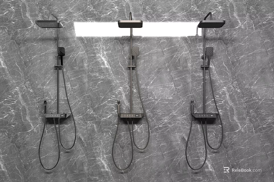 Three Modern Shower Faucets with Handheld and Top Sprays Mounted on Grey Marble Wall 3d model 