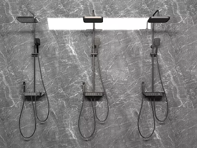 Three Modern Shower Faucets with Handheld and Top Sprays Mounted on Grey Marble Wall 3d model