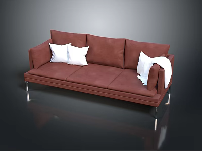 Modern Brown Leather Three-Seater Sofa with White Cushions and Blanket on Metal Legs 3d model