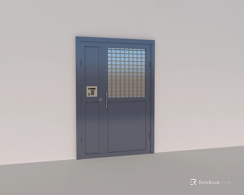 Sturdy Blue Security Door With Grilled Glass Panel And Electronic Lock 3d model 