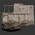 Traditional Stone Building Two Story Structure With Wooden Awnings And Stone Piles