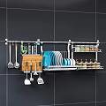 Wall Mounted Kitchen Utensils Rack With Knives Spatulas Plates And Spice Jars