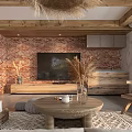 Rustic Living Room Interior With Wooden Beams Rattan Pendant Light Brick Wall And Gray Sofa