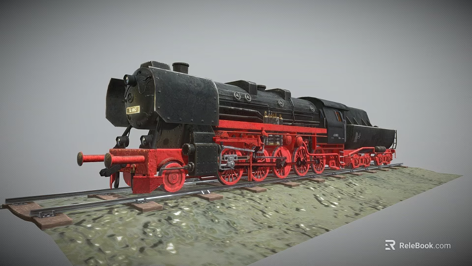 Vintage Black And Red Steam Train On Railway Track With Gravel Ground 3d model 