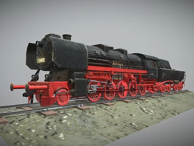 Vintage Black And Red Steam Train On Railway Track With Gravel Ground 3d model