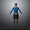 Child With Red Hair Standing In Blue Sweater White Shirt Black Skirt On Gray Background