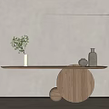 Wooden Console Table Sideboard Featuring Curved LED Light Green Plant Vase And Round Wooden Ball