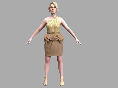 Woman Standing In Sleeveless Beige Top And Brown Pleated Skirt With High Heels 3d model