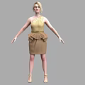 Woman Standing In Sleeveless Beige Top And Brown Pleated Skirt With High Heels