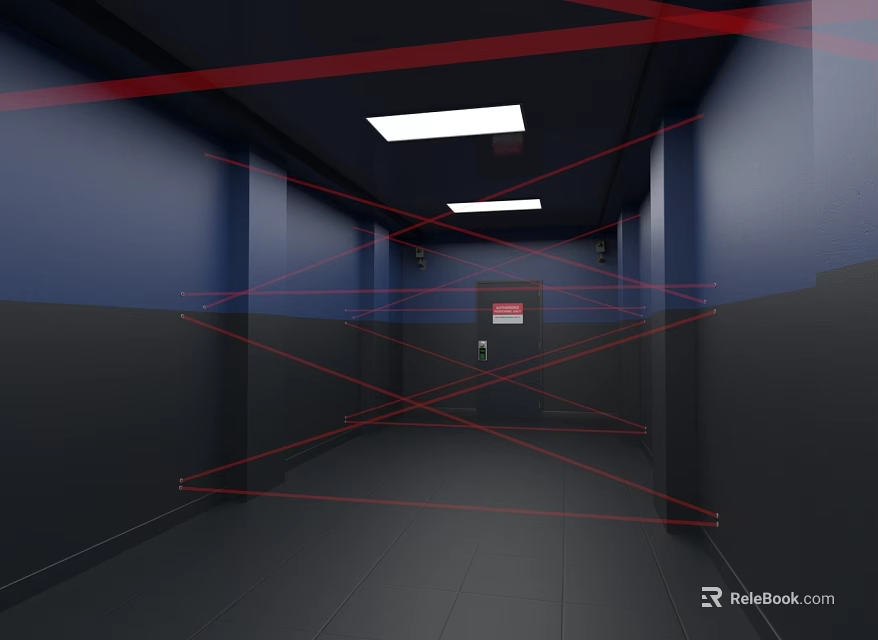 Modern Office Corridor Interior Design With Blue Black Walls And Ceiling Lights 3d model 