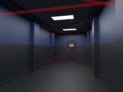 Modern Office Corridor Interior Design With Blue Black Walls And Ceiling Lights 3d model