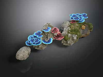 Glowing Blue Plants And Pink Flowers Growing On Stone With Moss 3d model