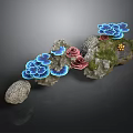 Glowing Blue Plants And Pink Flowers Growing On Stone With Moss