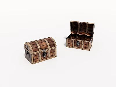 Vintage Wooden Treasure Chests One Open and One Closed Featuring Metal Clasps 3d model