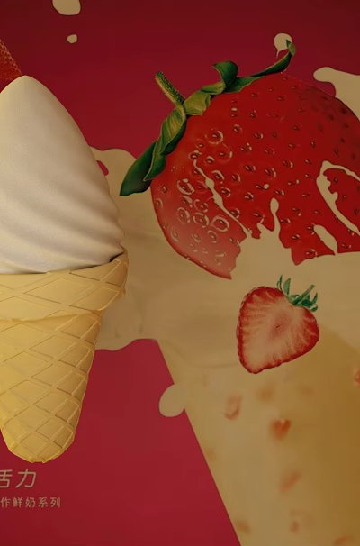 Creamy Strawberry Ice Cream Cone with Fresh Strawberries and Splashing Milk 3d model