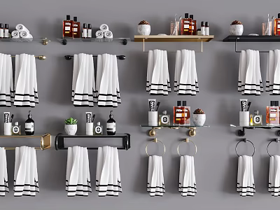 Wall Mounted Bathroom Shelf With Hanging Towels Toiletries And Decorative Plants 3d model
