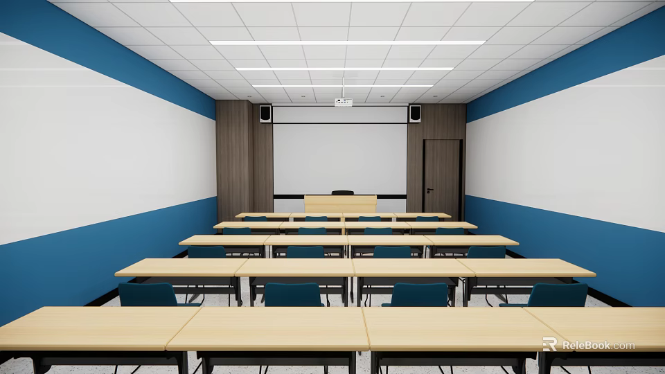 Modern Meeting Room Interior With Rows Of Tables Chairs Whiteboard And Projection Screen 3d model 