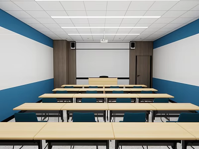 Modern Meeting Room Interior With Rows Of Tables Chairs Whiteboard And Projection Screen 3d model