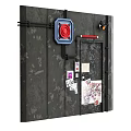 Industrial Textured Wall With Red Emergency Button Black Pipes And Sticky Posters
