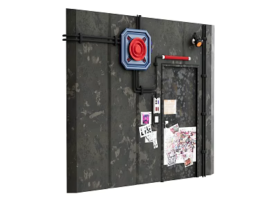 Industrial Textured Wall With Red Emergency Button Black Pipes And Sticky Posters 3d model
