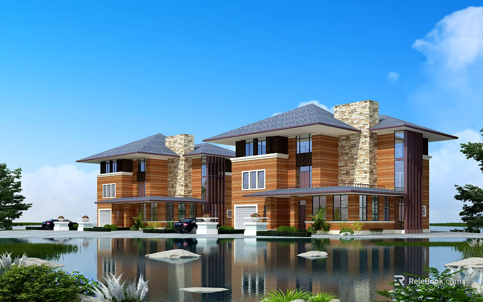 Modern Single Family Home With Stone Wood Exterior Waterfront Greenery And Large Windows 3d model 