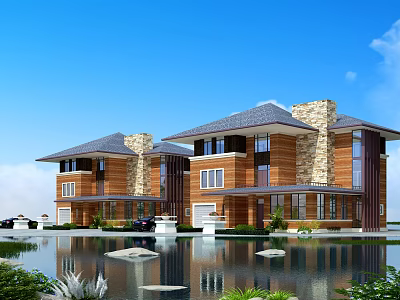 Modern Single Family Home With Stone Wood Exterior Waterfront Greenery And Large Windows 3d model