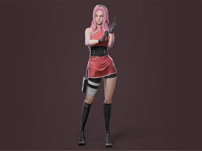 Anime Female Character Standing Pose With Pink Hair Red Skirt Knee Pads And Black Boots 3d model