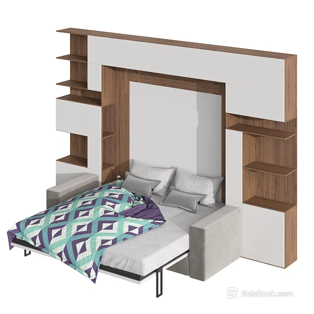 Modern Bedroom Interior With Bedhead Storage Shelves And Geometric Quilt Design 3d model 