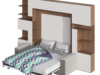 Modern Bedroom Interior With Bedhead Storage Shelves And Geometric Quilt Design 3d model