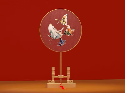Traditional Round Fan With Butterfly Pattern On Red Background Wooden Stand And Tassel 3d model