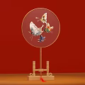 Traditional Round Fan With Butterfly Pattern On Red Background Wooden Stand And Tassel