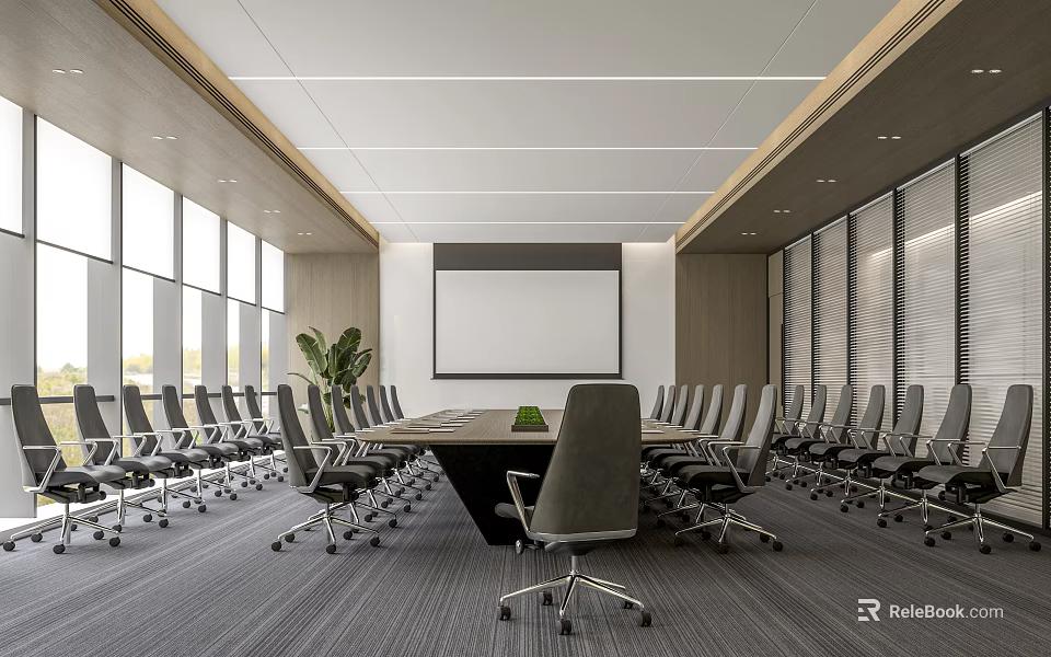 Modern Conference Room With Long Table Chairs Projection Screen Windows And Potted Plant 3d model 