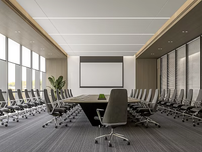 Modern Conference Room With Long Table Chairs Projection Screen Windows And Potted Plant 3d model