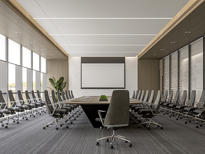 Modern Meeting Room Conference Table and Chair Projector Projection Curtain Floor-to-Floor Window Roller Blinds model