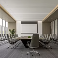 Modern Conference Room With Long Table Chairs Projection Screen Windows And Potted Plant