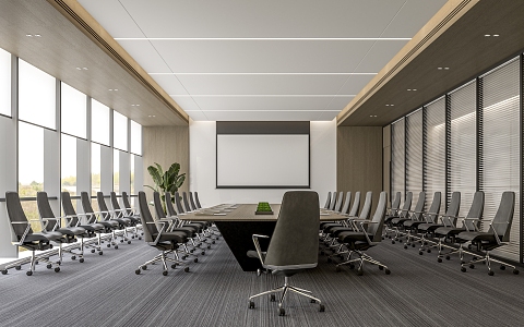 Modern Meeting Room Conference Table and Chair Projector Projection Curtain Floor-to-Floor Window Roller Blinds 3d model