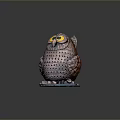 Decorative Brown Pink Owl Sculpture With Yellow Eyes Perforated Body And Gray Base