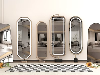 Elegant Golden Framed Mirrors In Various Shapes With Sunflowers On Checkerboard Floor 3d model