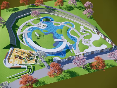 Lush Park Landscape Featuring Curved Water Ponds Green Lawns And Colorful Trees 3d model