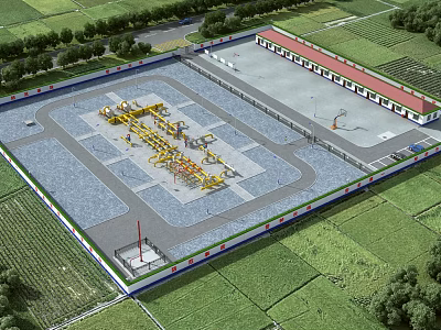 Aerial View of Industrial Factory Building With Red Roof Green Fields and Industrial Equipment 3d model
