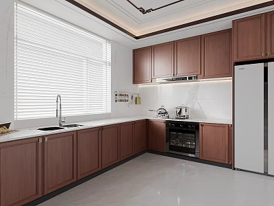 Modern Kitchen Interior With Wooden Cabinets White Countertops Window Blinds And Appliances 3d model