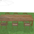 Outdoor Wooden Table and Chair Set With Six Chairs White Umbrella on Green Lawn