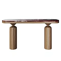 Modern Minimalist Console Table With Red Marble Top And Wooden Cylindrical Legs