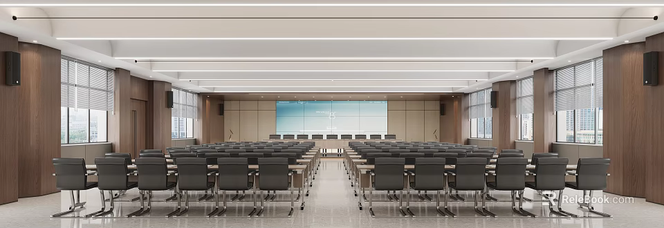 Modern Spacious Conference Room Interior With Large Projection Screen And Neatly Arranged Chairs 3d model 