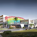 Modern School Building With Colorful Facade Design Palm Trees Lawn And Pedestrians