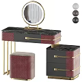 Elegant Vanity Table With Marble Top Gold Metal Frame Round Mirror Drawers And Upholstered Stool
