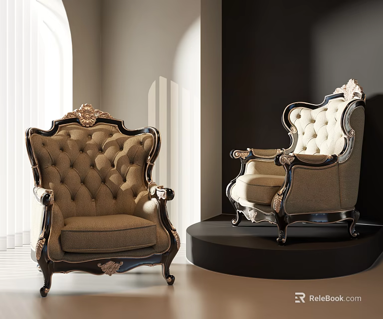 European Style Leisure Chairs With Carved Details And Beige Upholstered Seats In Modern Interior 3d model 