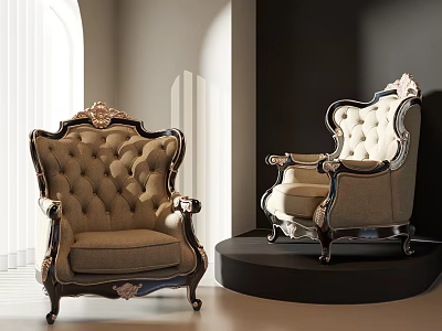 European Style Leisure Chairs With Carved Details And Beige Upholstered Seats In Modern Interior 3d model